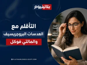 سيدة ترتدي نظارة متعددة البؤر أثناء القراءة مع توضيح مناطق الرؤية البعيدة والمتوسطة والقريبة داخل العدسة