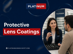 Platinum optical specialist explaining protective lens coatings to a customer