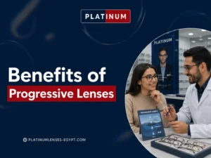 An optical specialist explaining the benefits of progressive lenses for clear near intermediate and distance vision