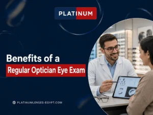 Optician explaining eye examination results and the benefits of regular vision checks to a patient