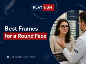 A woman with a round face wearing angular eyeglass frames while receiving professional advice from an optical specialist