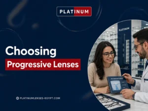 An optical specialist helping a customer choose progressive lenses based on prescription lifestyle and viewing needs