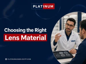 An optical specialist compares different prescription lens materials with a customer to select the most suitable option