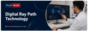 An optical specialist explaining Digital Ray Path Technology using a screen that shows how light travels through prescription lenses