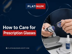 Hands cleaning prescription glasses with a microfiber cloth beside a protective case and lens cleaner