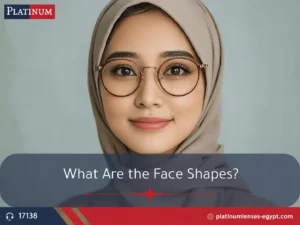Woman wearing round glasses with a guide to identifying different face shapes for choosing suitable eyeglass frames