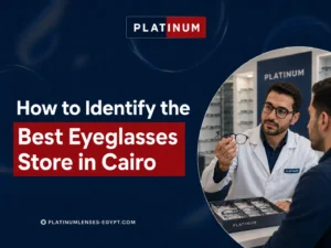 An optical specialist explaining prescription glasses to a customer at a professional eyeglasses store in Cairo