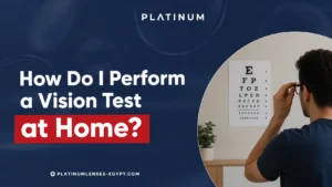 Man performing a vision test at home using a Snellen eye chart to check his eyesight