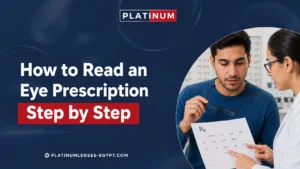 Patient reading an eye prescription with an optical specialist explaining SPH, CYL, AXIS, and ADD values
