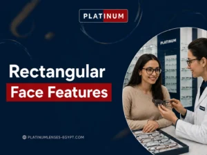 A woman with a rectangular face choosing suitable glasses with guidance from an optical specialist