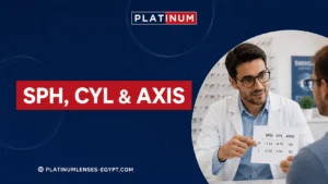 Optical specialist explaining SPH, CYL, and AXIS values on an eye prescription to a patient