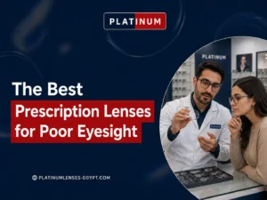 An optical specialist explaining the best prescription lenses for poor eyesight to a customer inside an eyeglasses store
