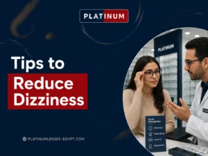 An optical specialist giving a woman practical tips to reduce dizziness caused by removing prescription glasses