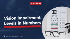 Eye test chart and prescription glasses illustrating vision impairment levels such as 6/6, 6/12, 6/36, and 3/60