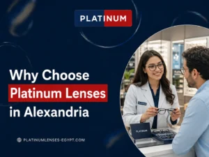 Optical specialist helping a customer choose Platinum prescription lenses in an eyewear in Alexandria