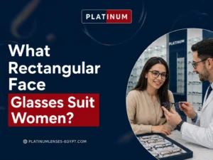 A woman with a rectangular face choosing wide glasses with help from an optical specialist