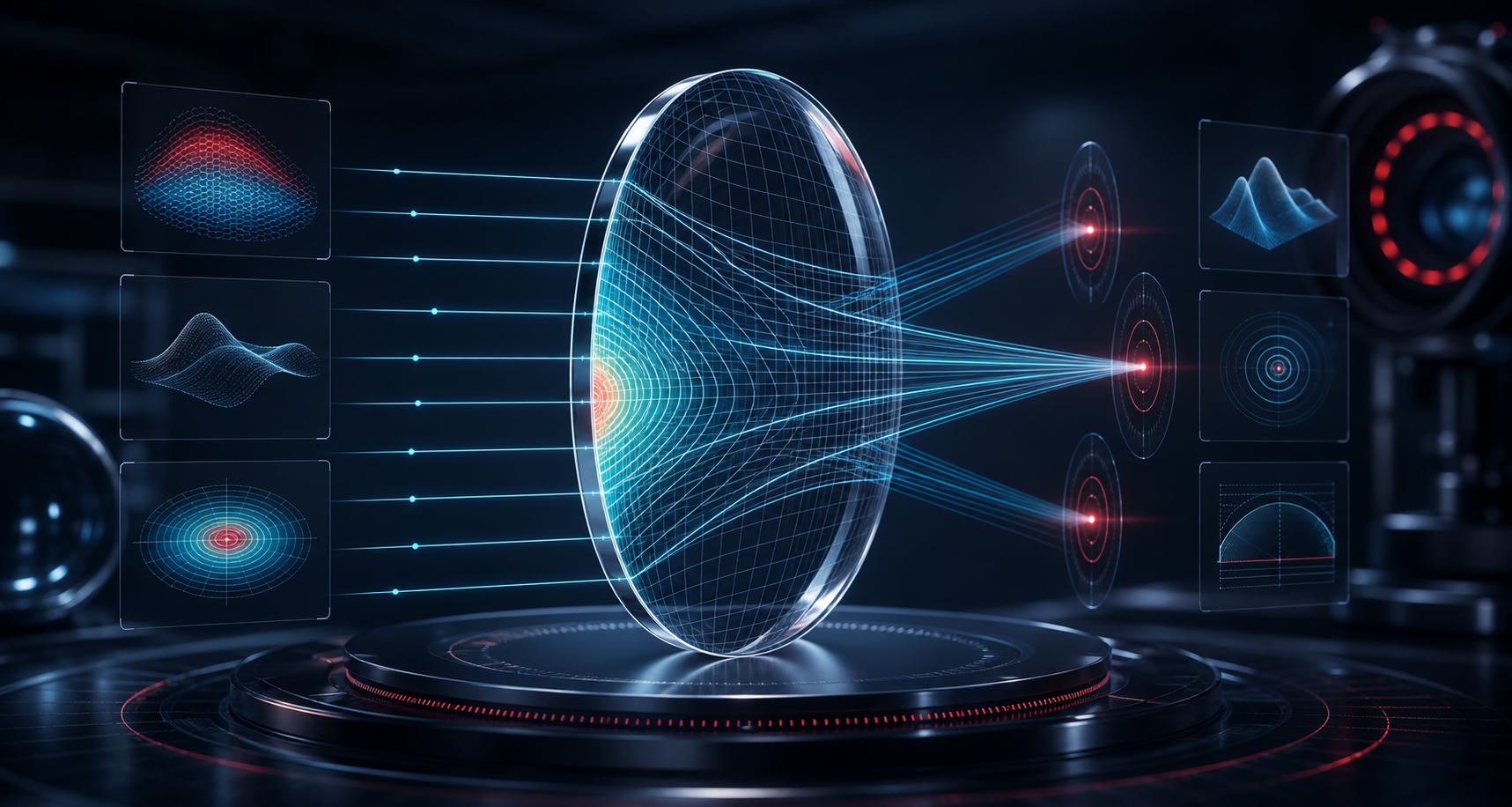 Digitale Simulation der Lichtwege über die Fläche eines optischen Glases