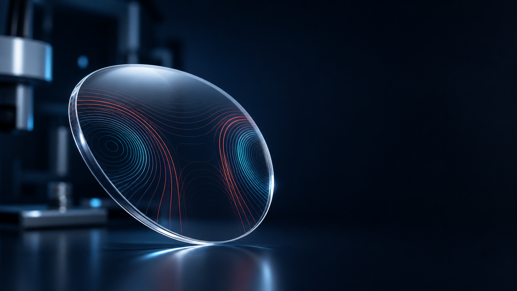 Ein transparentes optisches Glas über einer berechneten Stärkenkarte der Oberfläche