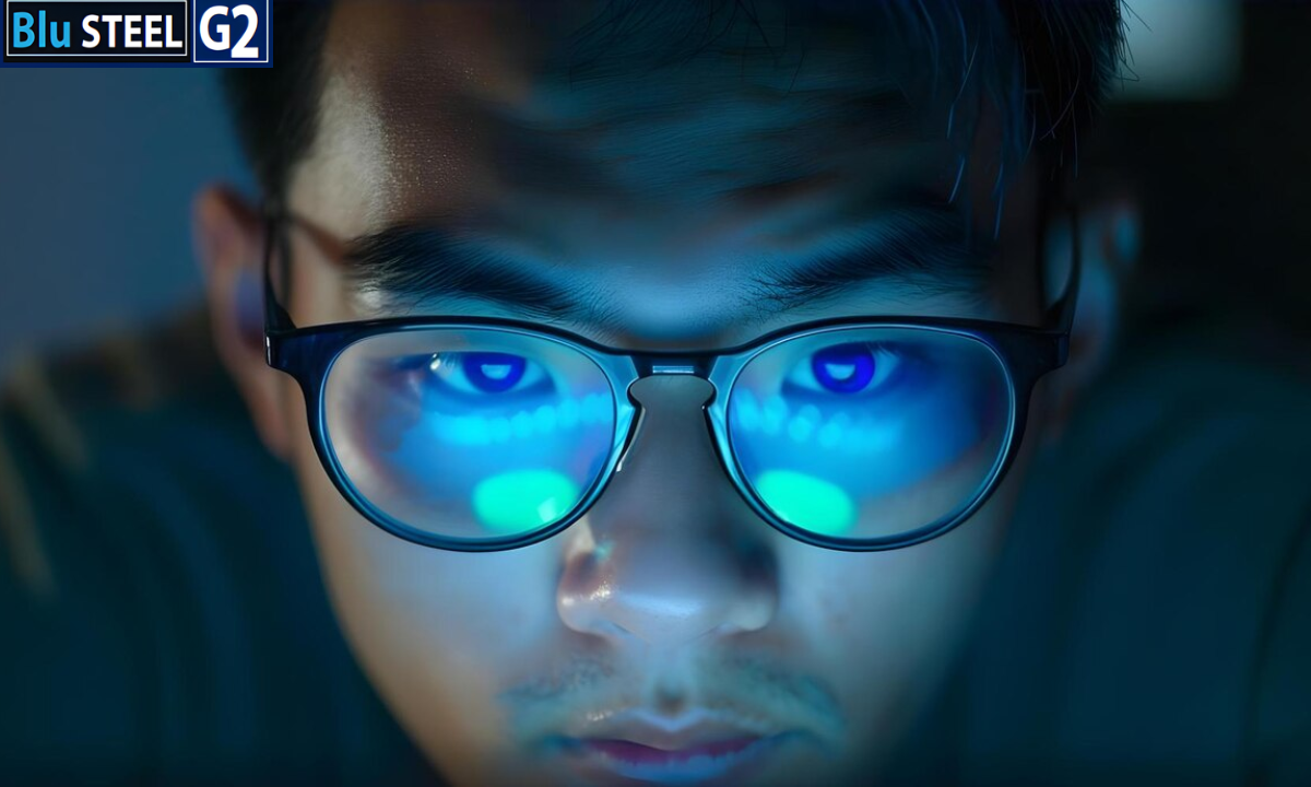 Wearing glasses in front of a computer