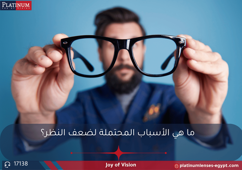 صورة توضيحية للعين مع أجزائها الرئيسية (الشبكية، العدسة، العصب البصري) مع إبراز مناطق تأثرها بأسباب ضعف النظر.