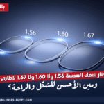 مقارنة توضيحية بين ثلاث عدسات طبية مختلفة السماكة (1.56 – 1.6 – 1.67) تُظهر الفرق في النحافة والراحة عند التركيب داخل الإطارات الطبية.