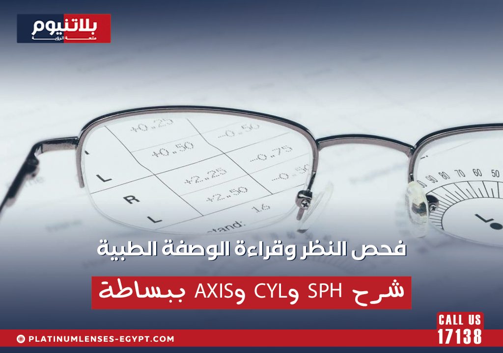 نظارة طبية فوق وصفة فحص نظر توضح شرح رموز SPH وCYL وAxis بطريقة بسيطة.