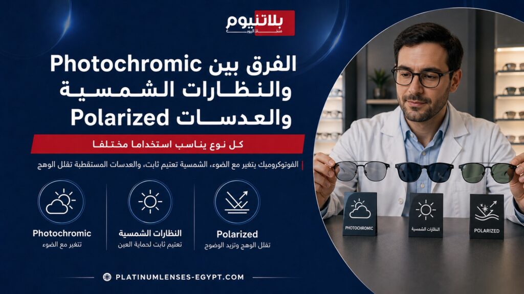 صورة توضح الفرق بين عدسات Photochromic والنظارات الشمسية والعدسات Polarized واستخدام كل نوع حسب التعرض للضوء والوهج