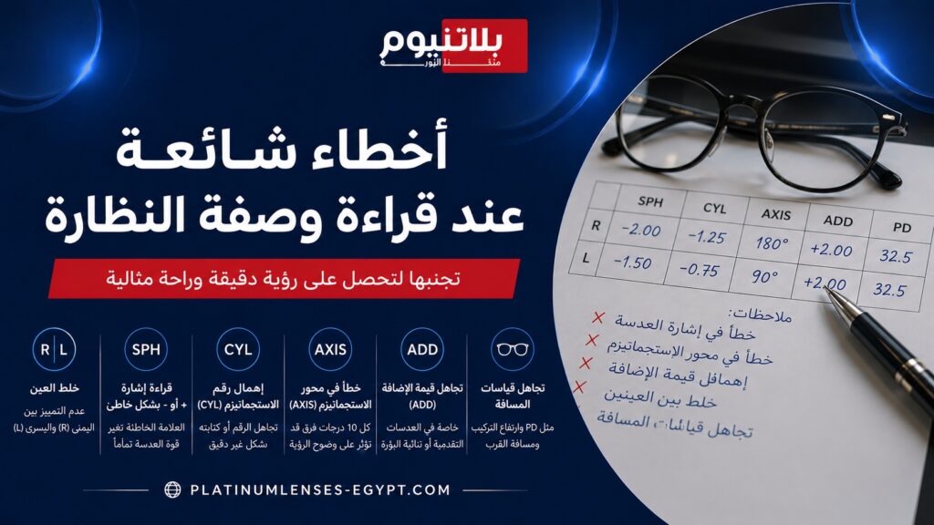 صورة توضح أخطاء شائعة عند قراءة وصفة النظارة مثل خلط العين اليمنى واليسرى وتجاهل قياسات SPH وCYL وAXIS وPD