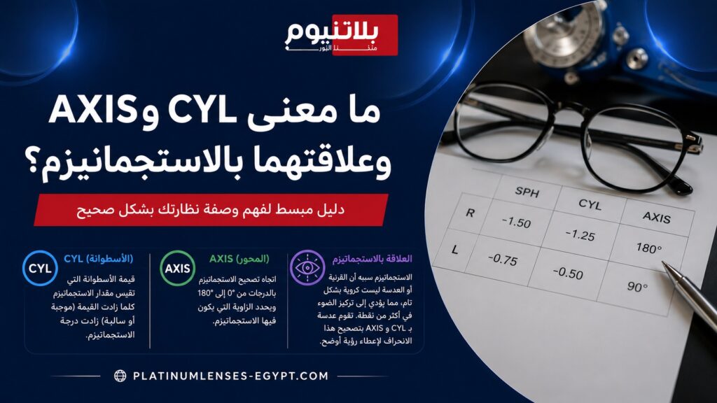 صورة توضح معنى CYL و AXIS وعلاقتهما بالاستجماتيزم مع مثال لوصفة نظارة طبية وشرح مبسط لطريقة القراءة