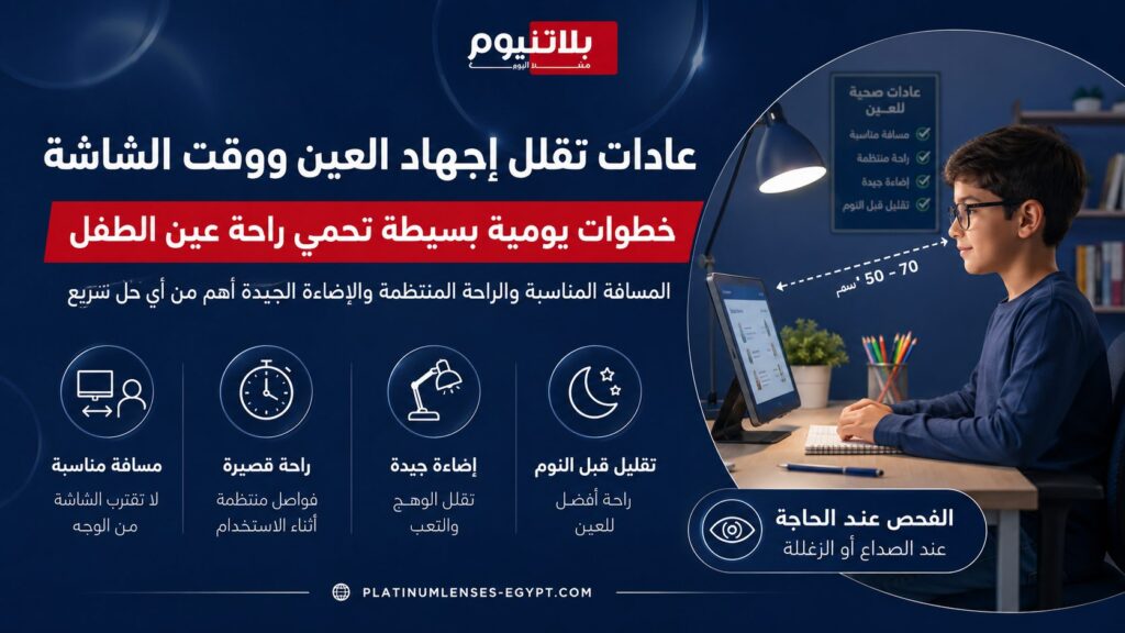 صورة تعرض عادات يومية تساعد على تقليل إجهاد العين عند الأطفال، مثل ترك مسافة مناسبة من الشاشة، أخذ فواصل راحة، تحسين الإضاءة، وتقليل الاستخدام قبل النوم.