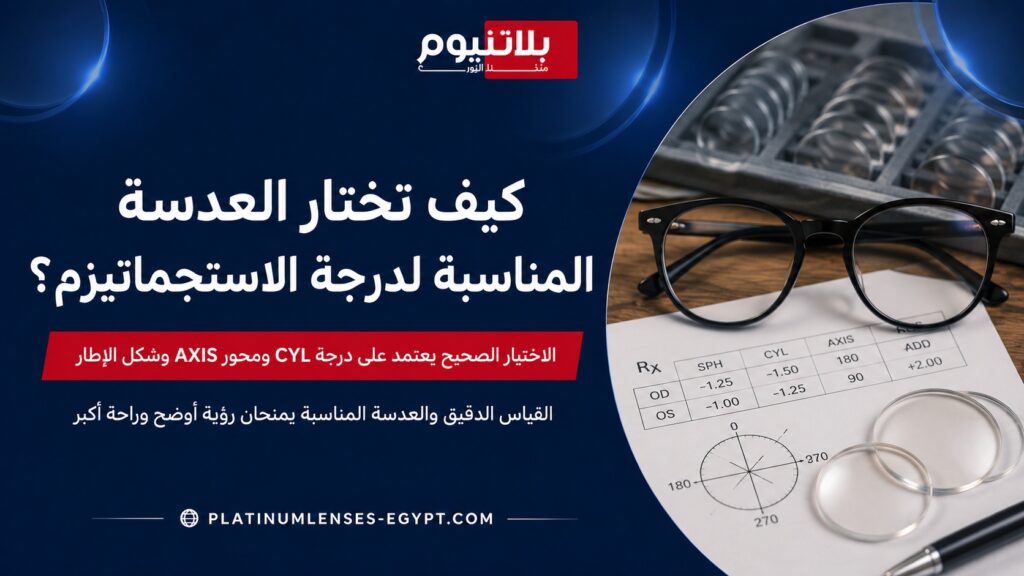 صورة توضح كيف تختار العدسة المناسبة لدرجة الاستجماتيزم حسب درجة CYL ومحور AXIS وشكل الإطار المناسب